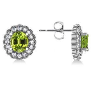 Peridot and Diamond Floral Oval Earrings 14k White Gold 5.96ct - All