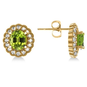 Peridot and Diamond Floral Oval Earrings 14k Yellow Gold 5.96ct - All