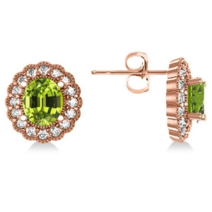 Peridot and Diamond Floral Oval Earrings 14k Rose Gold 5.96ct - All