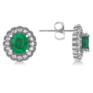 Emerald and Diamond Floral Oval Earrings 14k White Gold 5.96ct - All