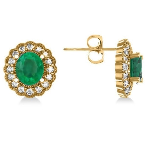Emerald and Diamond Floral Oval Earrings 14k Yellow Gold 5.96ct - All