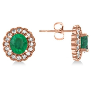 Emerald and Diamond Floral Oval Earrings 14k Rose Gold 5.96ct - All