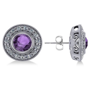 Amethyst and Diamond Halo Round Earrings 14k White Gold 3.10ct - All