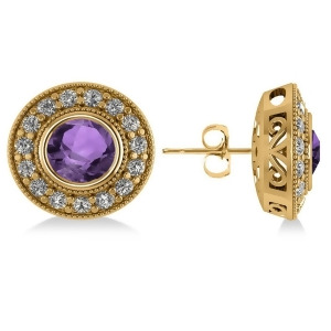 Amethyst and Diamond Halo Round Earrings 14k Yellow Gold 3.10ct - All