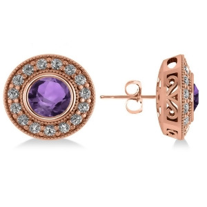 Amethyst and Diamond Halo Round Earrings 14k Rose Gold 3.10ct - All