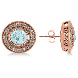 Aquamarine and Diamond Halo Round Earrings 14k Rose Gold 3.52ct - All