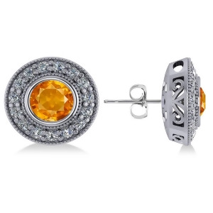 Citrine and Diamond Halo Round Earrings 14k White Gold 3.10ct - All