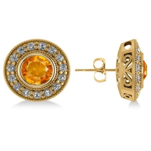 Citrine and Diamond Halo Round Earrings 14k Yellow Gold 3.10ct - All
