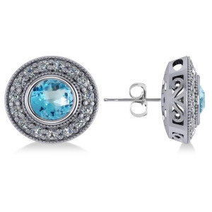 Blue Topaz and Diamond Halo Round Earrings 14k White Gold 3.62ct - All