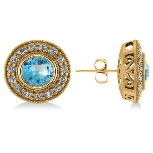 Blue Topaz and Diamond Halo Round Earrings 14k Yellow Gold 3.62ct - All