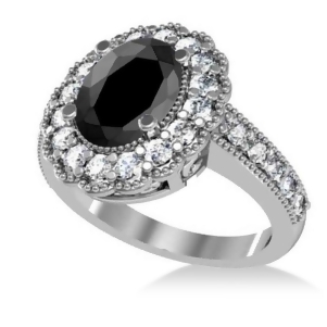 Black Diamond and Diamond Oval Halo Engagement Ring 14k White Gold 2.78ct - All