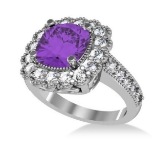 Amethyst and Diamond Cushion Halo Engagement Ring 14k White Gold 2.78ct - All