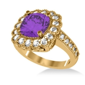 Amethyst and Diamond Cushion Halo Engagement Ring 14k Yellow Gold 2.78ct - All