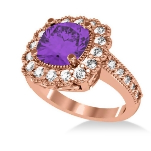 Amethyst and Diamond Cushion Halo Engagement Ring 14k Rose Gold 2.78ct - All