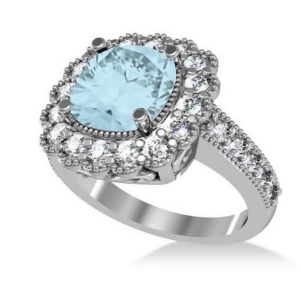 Aquamarine and Diamond Cushion Halo Engagement Ring 14k White Gold 2.71ct - All