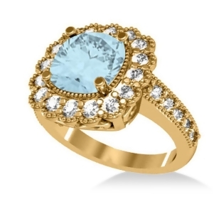 Aquamarine and Diamond Cushion Halo Engagement Ring 14k Yellow Gold 2.71ct - All