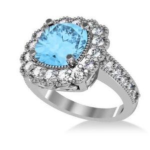Blue Topaz and Diamond Cushion Halo Engagement Ring 14k White Gold 3.58ct - All