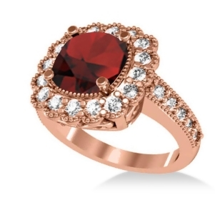 Garnet and Diamond Cushion Halo Engagement Ring 14k Rose Gold 3.53ct - All