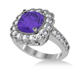 Tanzanite and Diamond Cushion Halo Engagement Ring 14k White Gold 3.21ct - All