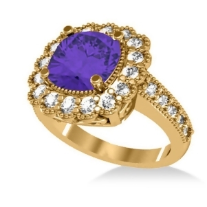 Tanzanite and Diamond Cushion Halo Engagement Ring 14k Yellow Gold 3.21ct - All