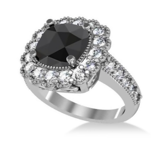 Black Diamond and Diamond Cushion Halo Engagement Ring 14k White Gold 2.82ct - All