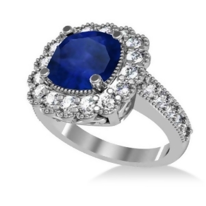 Blue Sapphire and Diamond Cushion Halo Engagement Ring 14k White Gold 3.50ct - All