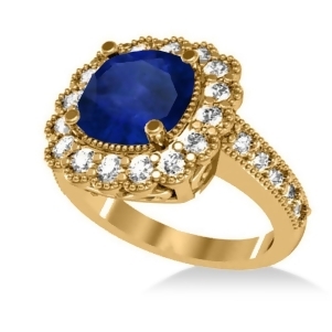 Blue Sapphire and Diamond Cushion Halo Engagement Ring 14k Yellow Gold 3.50ct - All