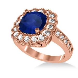 Blue Sapphire and Diamond Cushion Halo Engagement Ring 14k Rose Gold 3.50ct - All