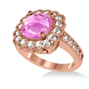 Pink Sapphire and Diamond Cushion Halo Engagement Ring 14k Rose Gold 3.50ct - All