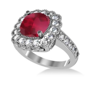 Ruby and Diamond Cushion Halo Engagement Ring 14k White Gold 3.50ct - All