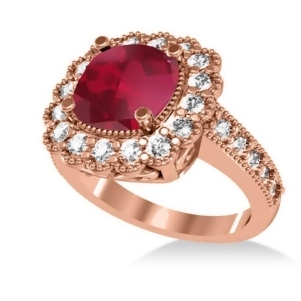 Ruby and Diamond Cushion Halo Engagement Ring 14k Rose Gold 3.50ct - All
