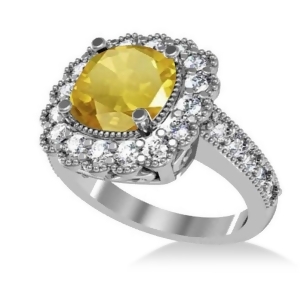 Yellow Sapphire and Diamond Cushion Halo Engagement Ring 14k White Gold 3.50ct - All