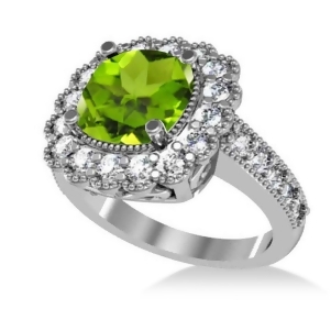 Peridot and Diamond Cushion Halo Engagement Ring 14k White Gold 3.18ct - All