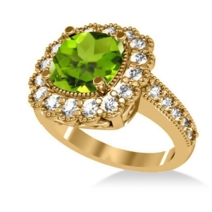 Peridot and Diamond Cushion Halo Engagement Ring 14k Yellow Gold 3.18ct - All