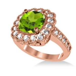 Peridot and Diamond Cushion Halo Engagement Ring 14k Rose Gold 3.18ct - All