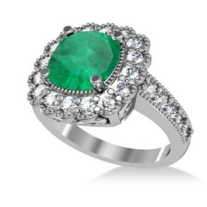Emerald and Diamond Cushion Halo Engagement Ring 14k White Gold 2.60ct - All