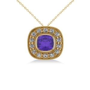 Tanzanite and Diamond Halo Cushion Pendant Necklace 14k Yellow Gold 1.62ct - All