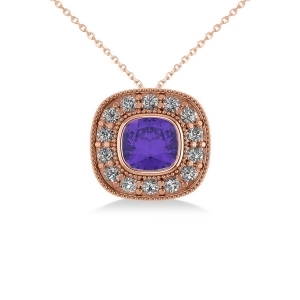 Tanzanite and Diamond Halo Cushion Pendant Necklace 14k Rose Gold 1.62ct - All