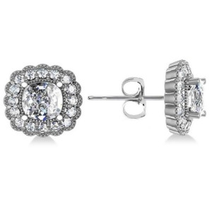 Floral Halo Cushion Cut Diamond Earrings 14k White Gold 3.52ct - All