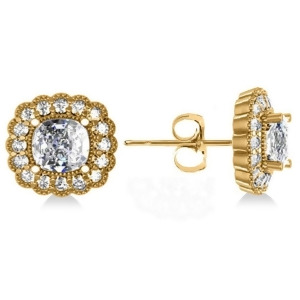 Floral Halo Cushion Cut Diamond Earrings 14k Yellow Gold 3.52ct - All