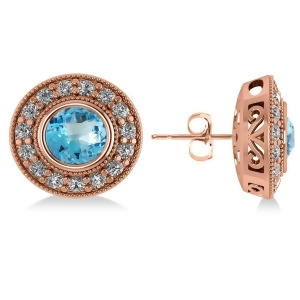Blue Topaz and Diamond Halo Round Earrings 14k Rose Gold 3.62ct - All