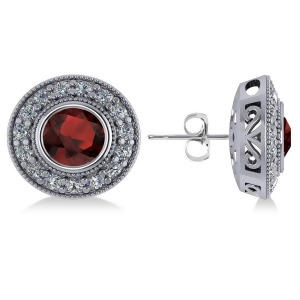 Garnet and Diamond Halo Round Earrings 14k White Gold 3.70ct - All