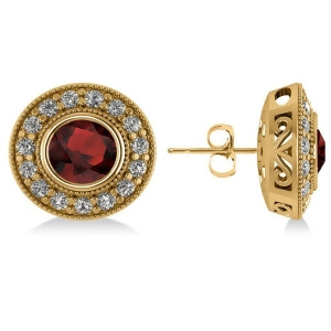 Garnet and Diamond Halo Round Earrings 14k Yellow Gold 3.70ct - All