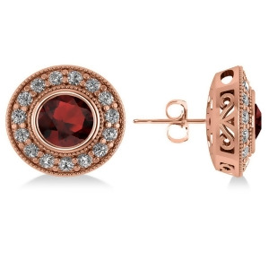 Garnet and Diamond Halo Round Earrings 14k Rose Gold 3.70ct - All