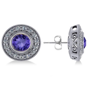 Tanzanite and Diamond Halo Round Earrings 14k White Gold 3.72ct - All