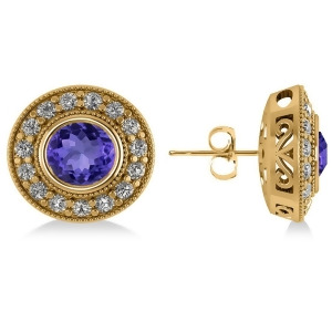 Tanzanite and Diamond Halo Round Earrings 14k Yellow Gold 3.72ct - All