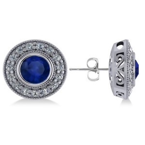 Blue Sapphire and Diamond Halo Round Earrings 14k White Gold 3.72ct - All