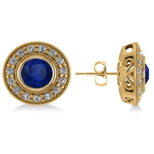 Blue Sapphire and Diamond Halo Round Earrings 14k Yellow Gold 3.72ct - All