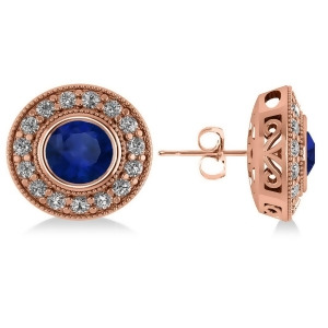 Blue Sapphire and Diamond Halo Round Earrings 14k Rose Gold 3.72ct - All