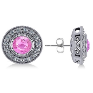 Pink Sapphire and Diamond Halo Round Earrings 14k White Gold 3.72ct - All
